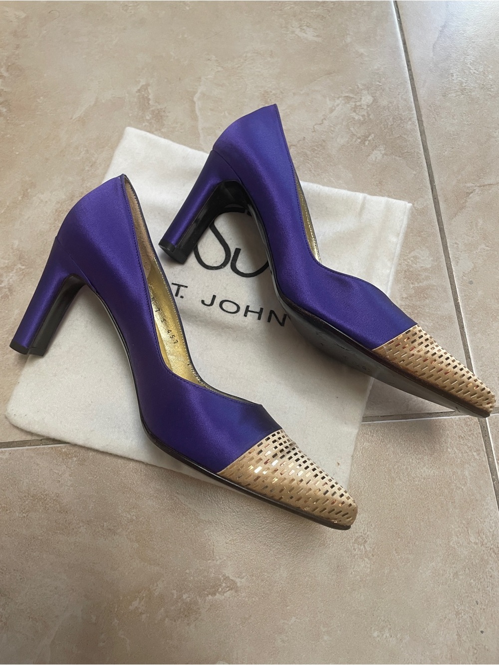 St. John Purple Satin Pointed Toe Pumps with Woven Gold Cap
